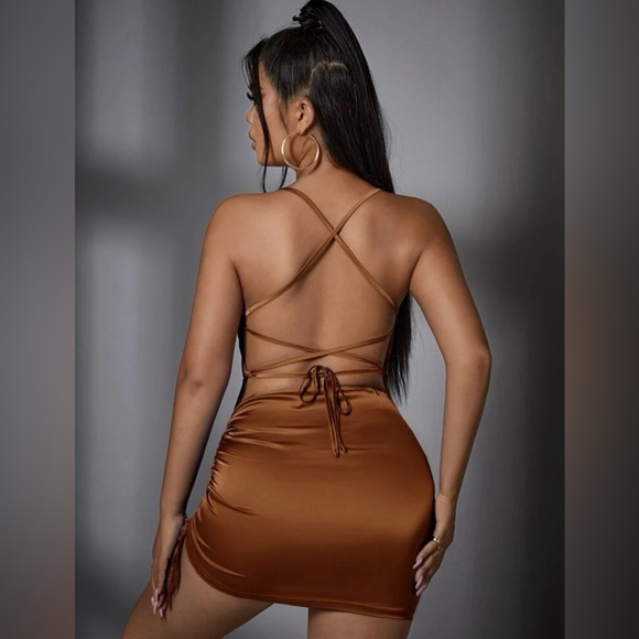 Satin Ruched Drawstring Halter Back Dress 🔥 - Picture 2 of 2